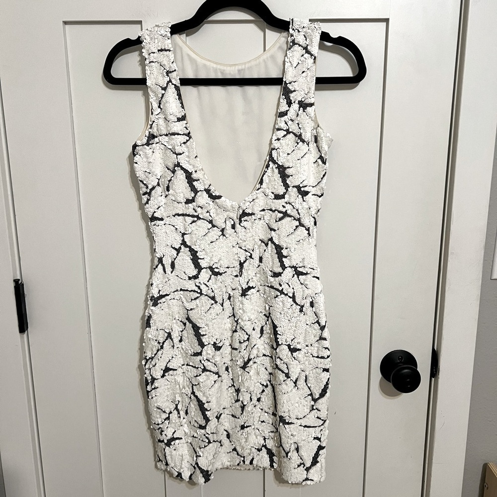 Dress the Population Sequins Mini Dress Scoop Back Marble Black & White Size S